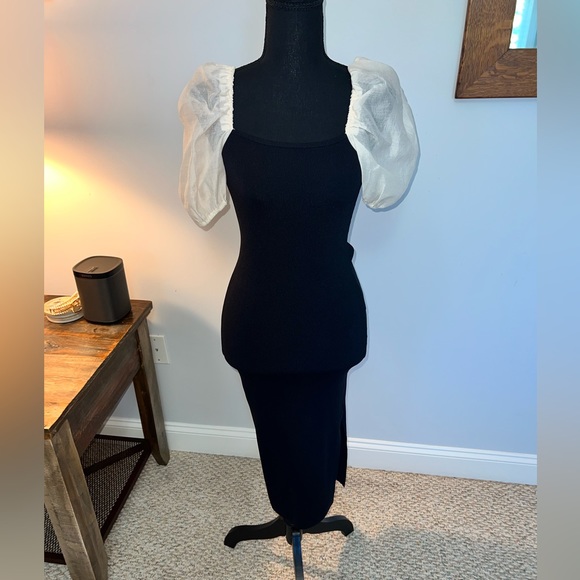 COPY - Lilly’s Kloset Womens Bodycon Stretch Black Dress Midi Beige Puff Sleeve… - Picture 4 of 6